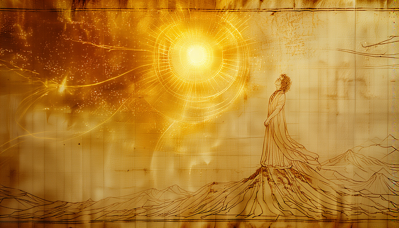A robed figure on a mountain peak gazing up at a radiant golden sun