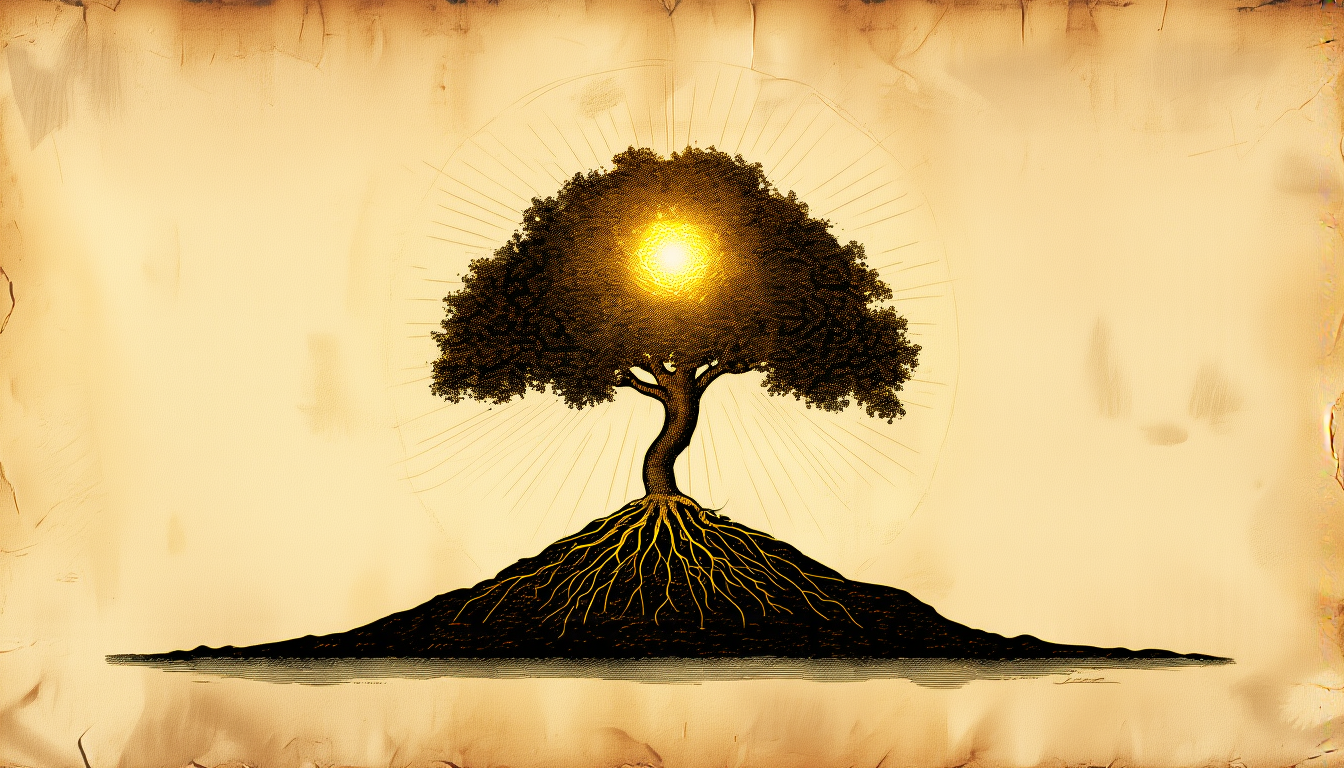 A golden tree with a radiant canopy growing from a black mound of earth, roots visible below