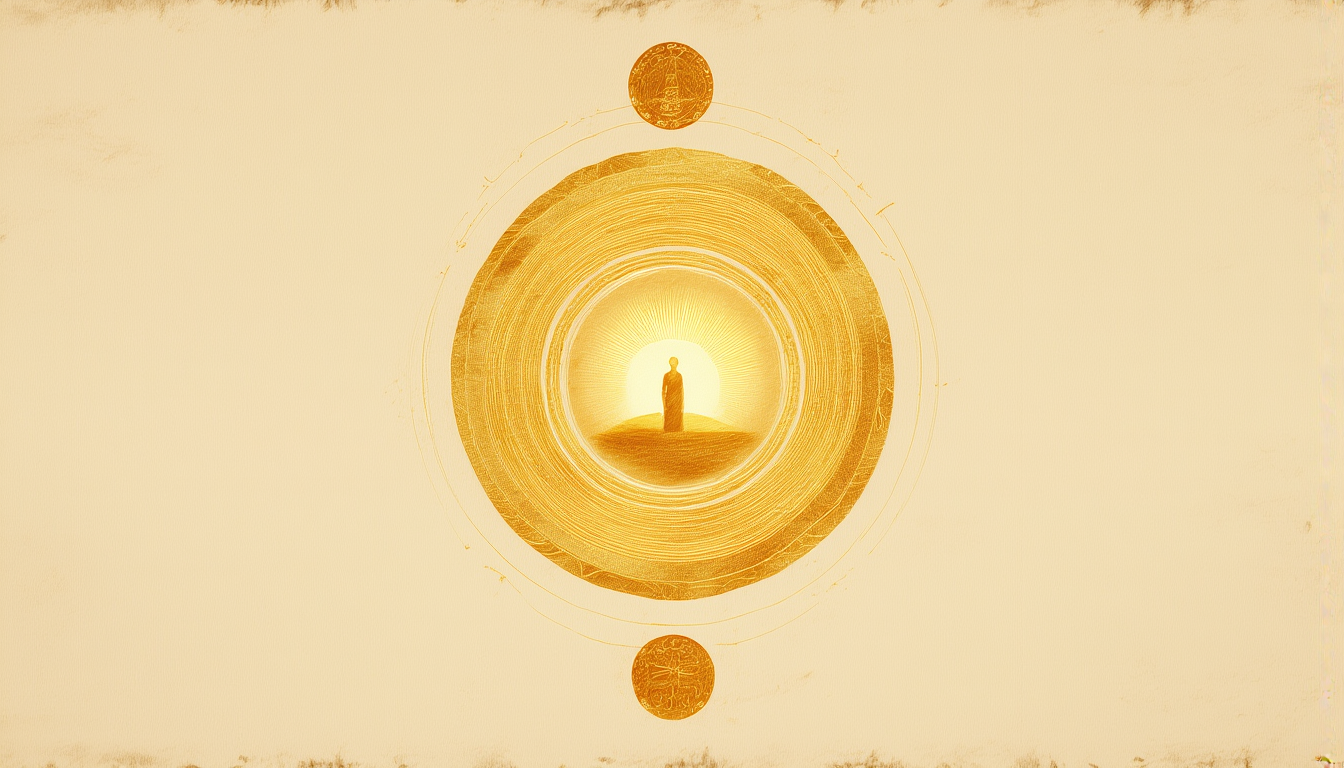 Four concentric golden rings forming a sacred seal around a figure standing before radiant light