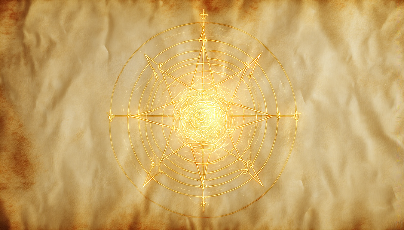 A golden six-pointed star within concentric circles on parchment