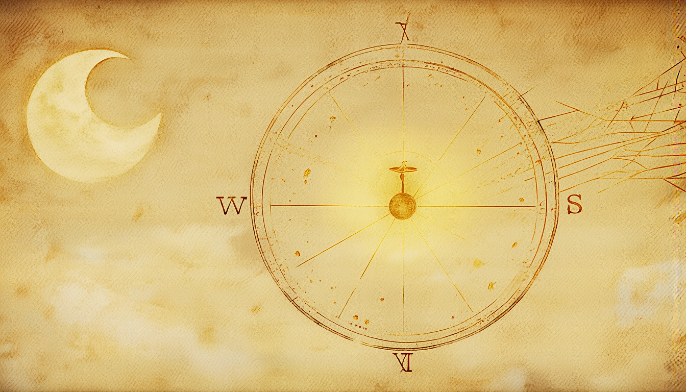 A golden compass rose with a crescent moon on aged parchment