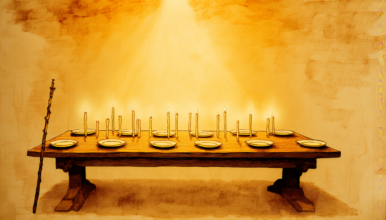 A wooden table set with twelve places under warm golden light, a shepherd's staff leaning against it