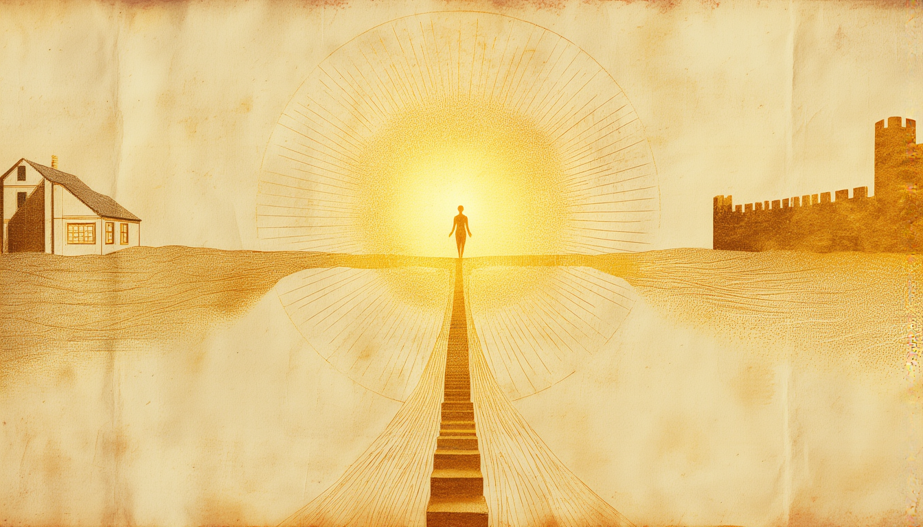 A figure at the top of a staircase before a radiant sunburst, a house to the left and a walled city to the right