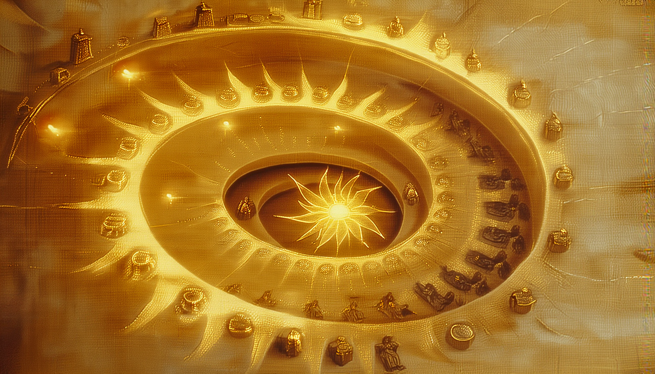 A golden mandala with a radiant starburst at the center, rings of geometric pattern and small figures