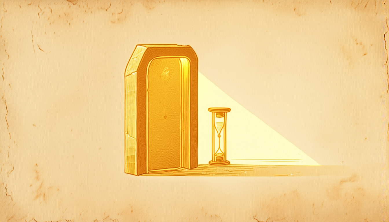 A sealed stone doorway with dawn light streaming through the opening, a golden hourglass beside it